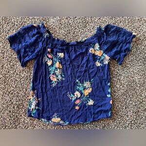 Eyeshadow Blue Floral Boho Blouse Small Lace Sleeve Detail Peasant Top